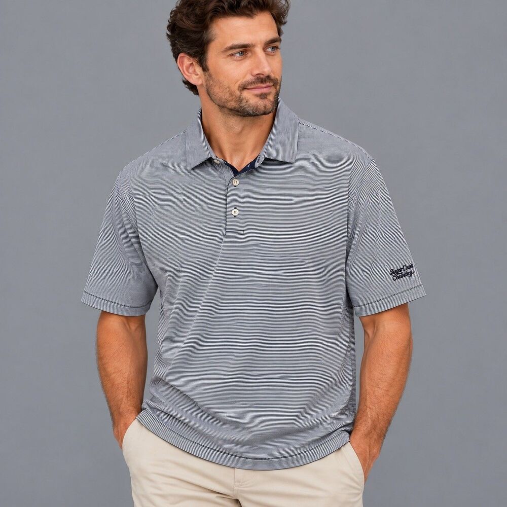 Peter Millar Golf Polo Shirt Men Large L Black White Striped Sugar Creek CC